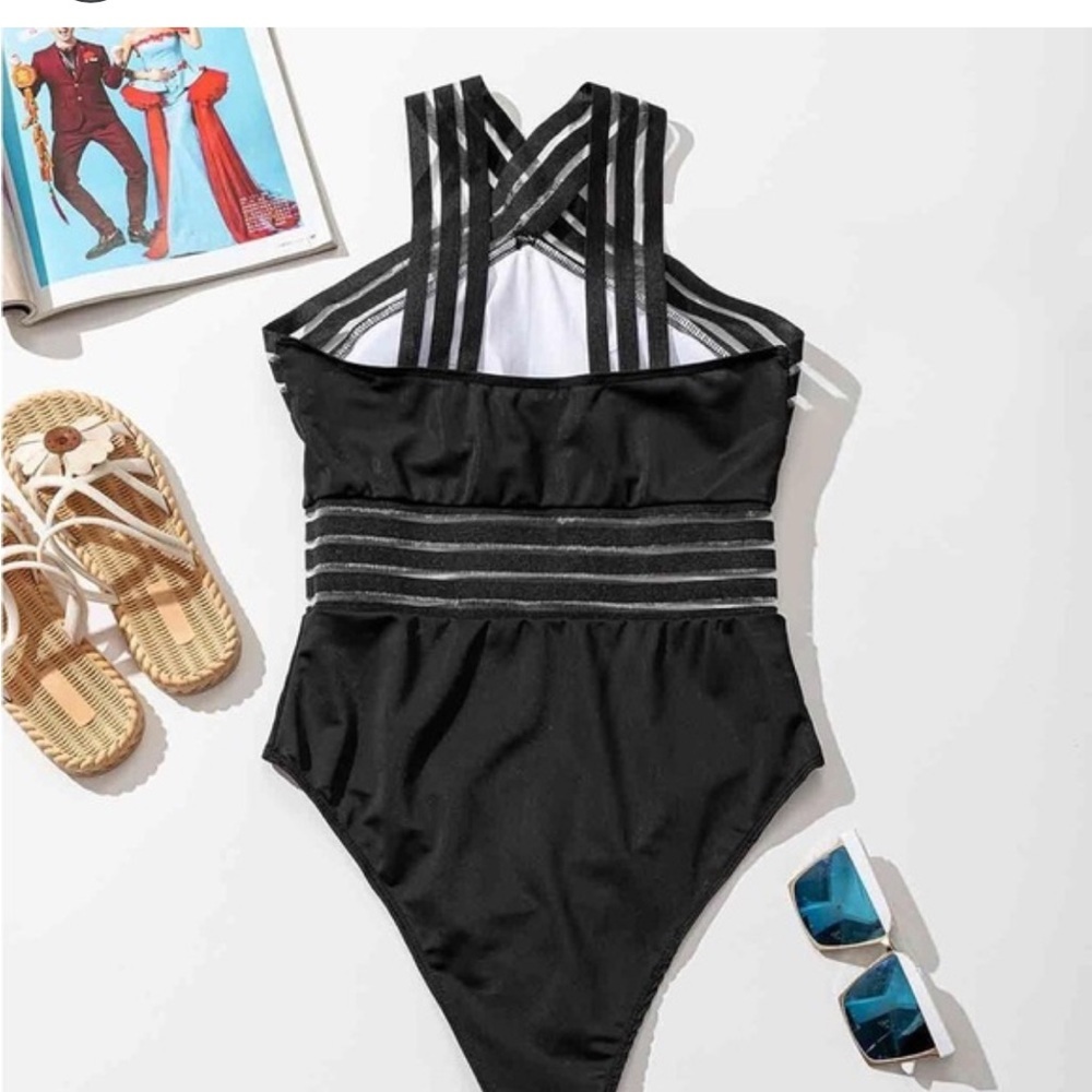 Chic Black Aqua Green One-Piece Swimsuit - Strappy Crisscross Design